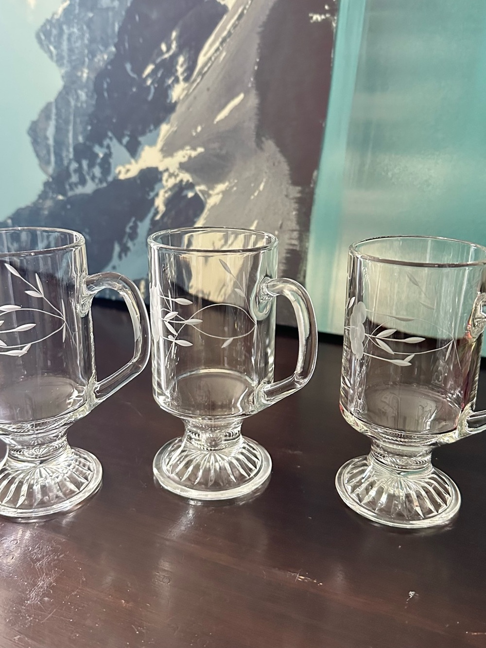 Clear Etched Glass Footed Mugs - Set of 3